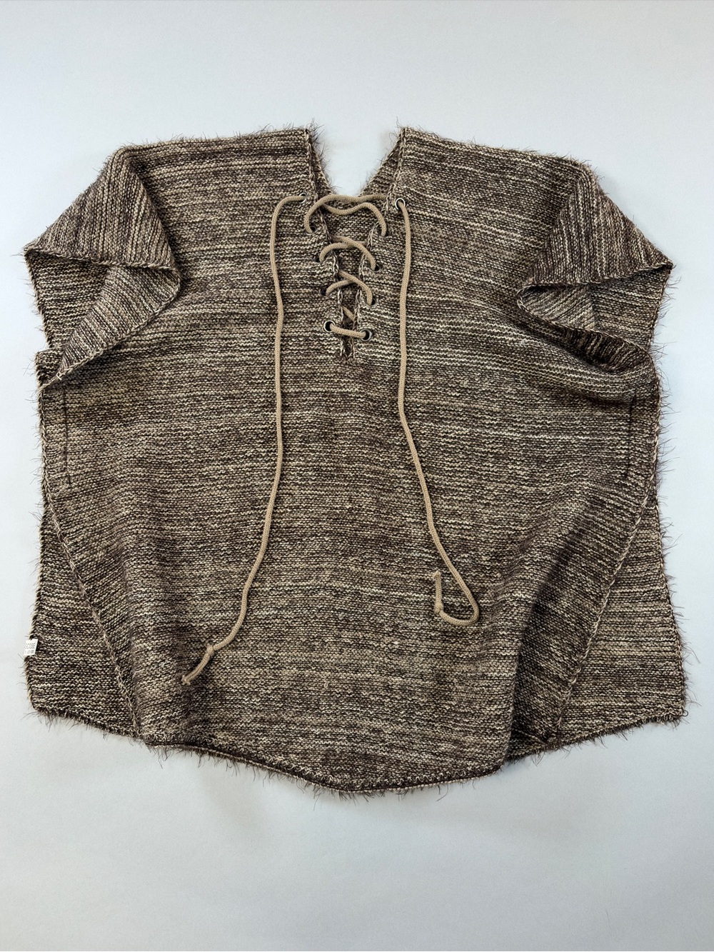 Brown and Beige Marled Knit Lace Up Poncho Sweater Top 100% Viscose Boho